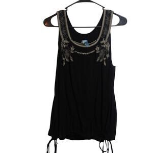 B Relaxx Vintage Embroidered Black Sleeveless Top Boho Size XS
